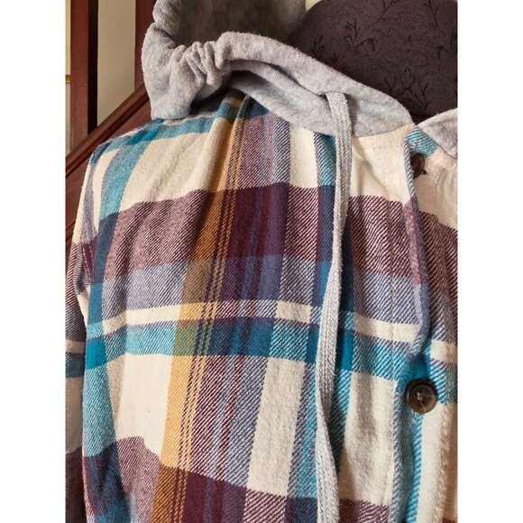 Pacsun Plaid Button-Up Hoodie Shirt L Multicolor Cotton Blend Long Sleeve Casual - Picture 2 of 9